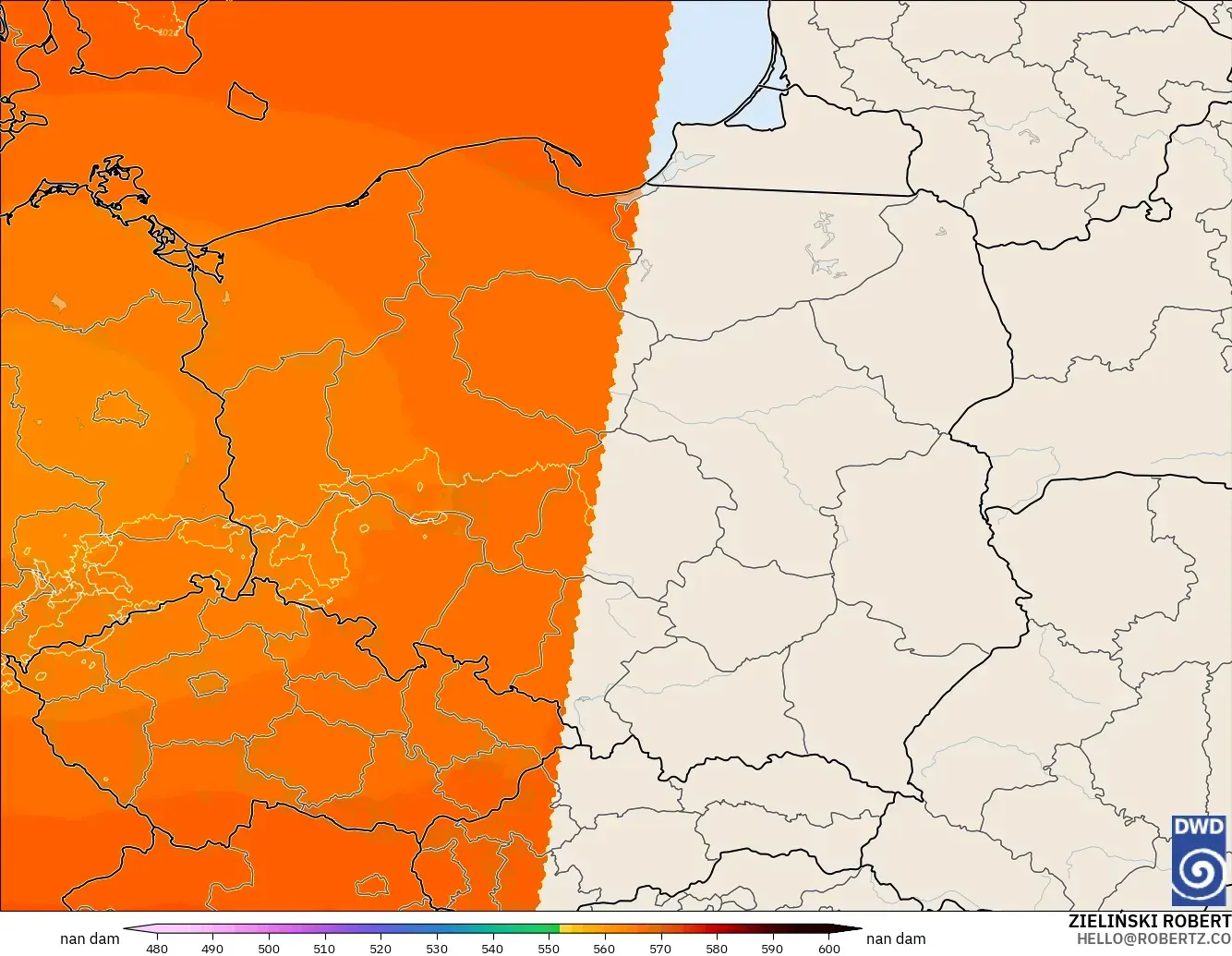 ICON Germany 2 km model - Poland, Geopotential height at 500hPa