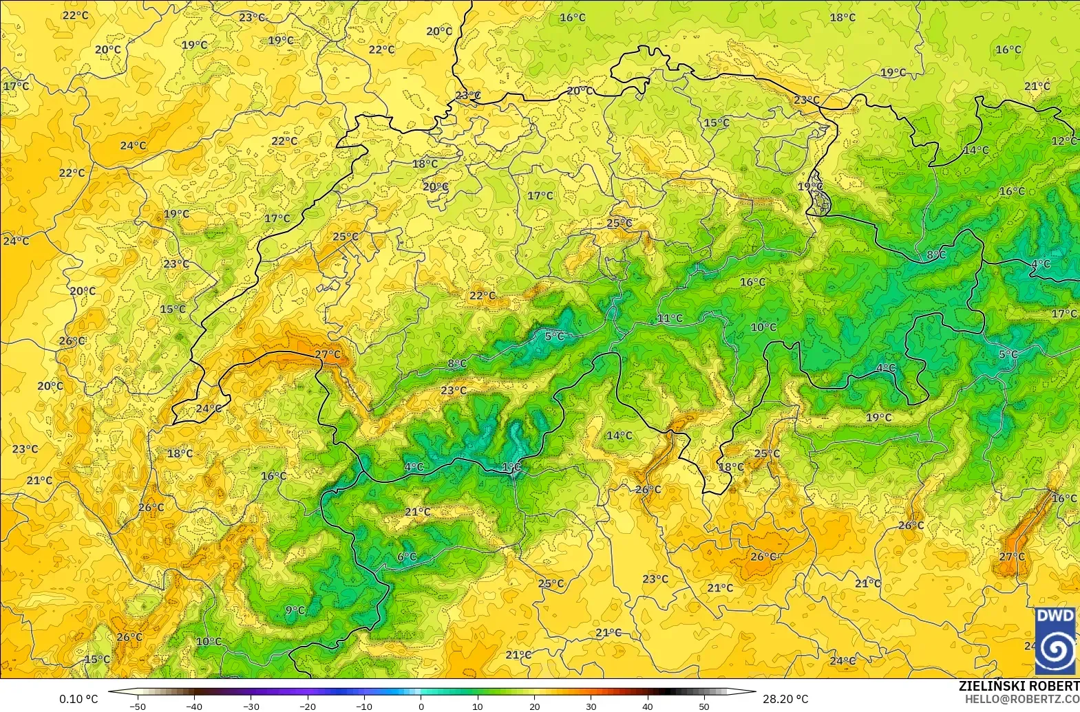 ICON Germany 2 km model - Switzerland, Temperature at 2m