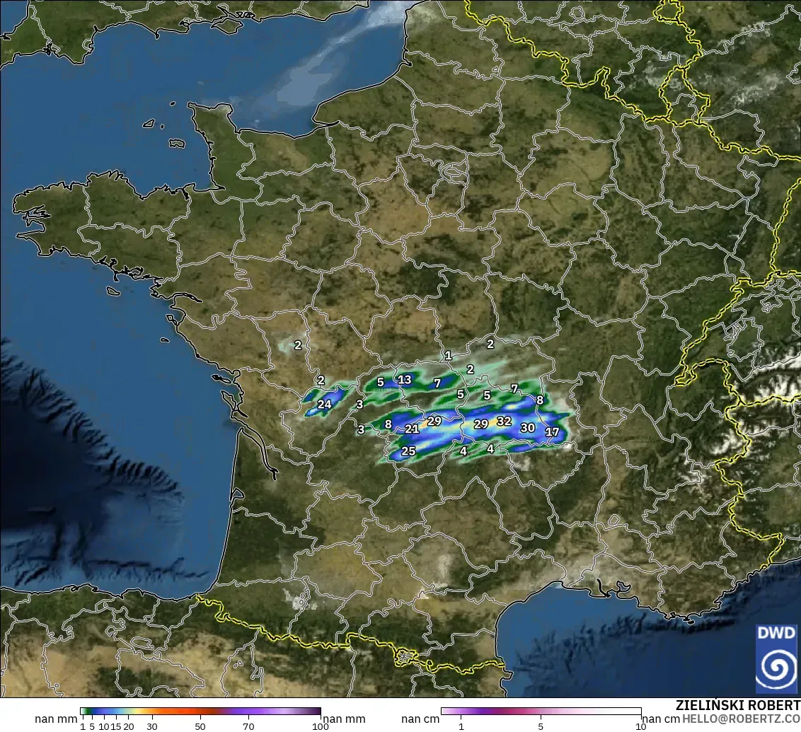ICON Germany 2 km model - France, Precipitation, Clouds, and Pressure