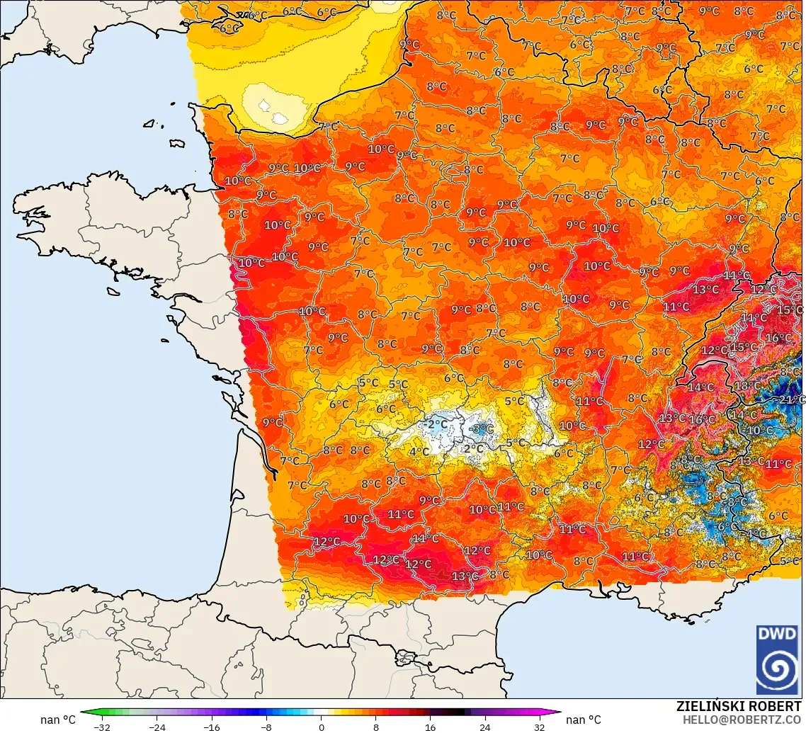 ICON Germany 2 km model - France, Temperature at 2m Anomaly