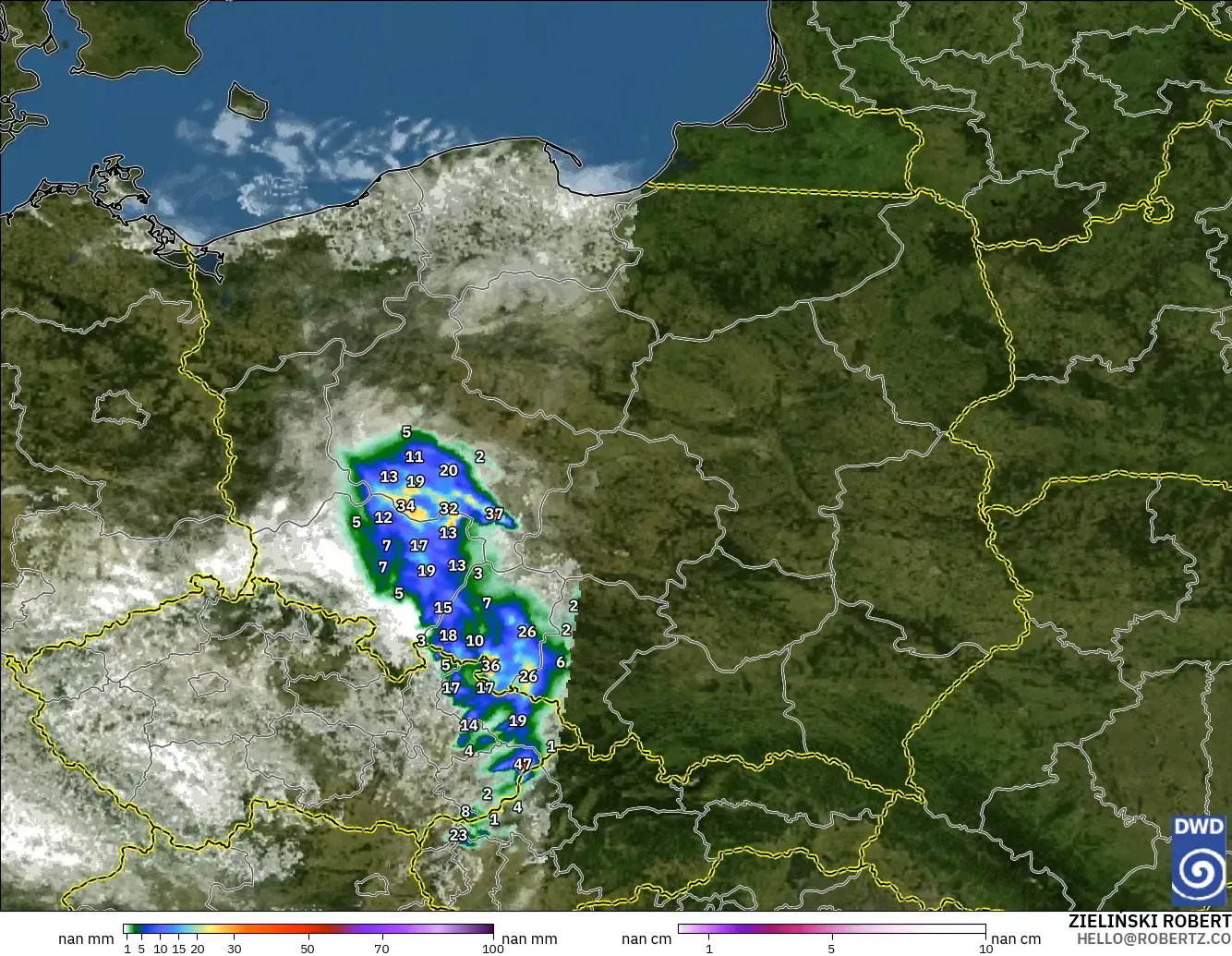 ICON Germany 2 km model - Poland, Precipitation, Clouds, and Pressure