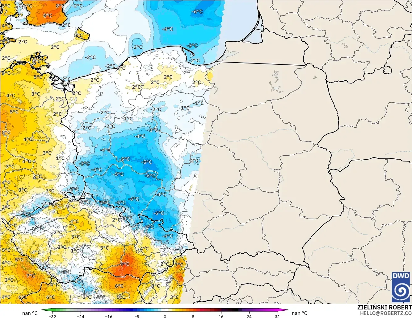 ICON Germany 2 km model - Poland, Temperature at 2m Anomaly