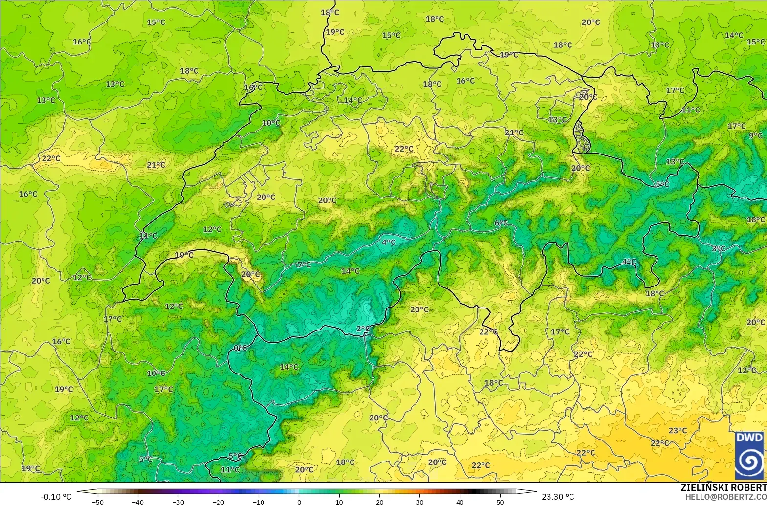 ICON Germany 2 km model - Switzerland, Dewpoint at 2m