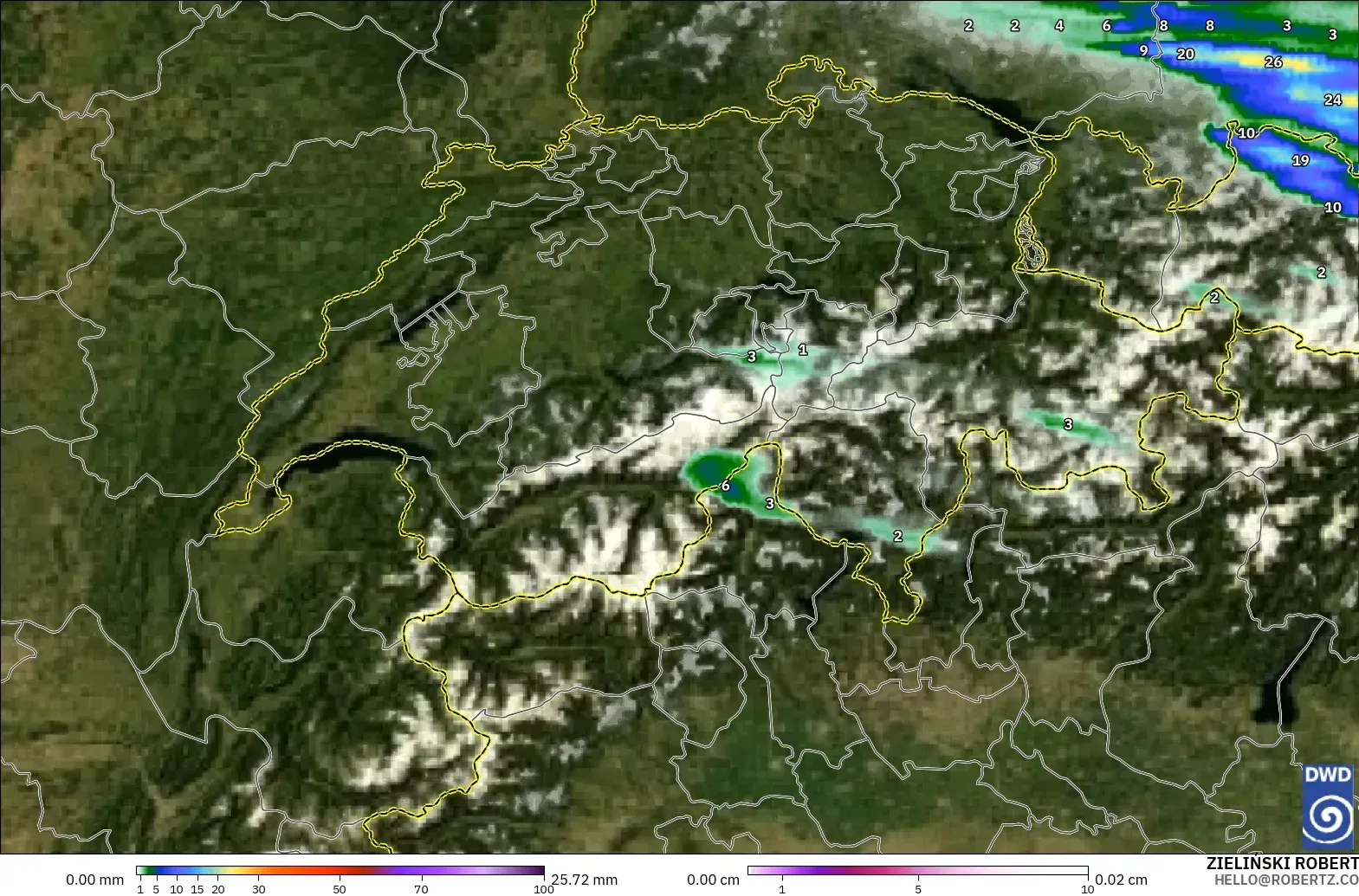 ICON Germany 2 km model - Switzerland, Precipitation, Clouds, and Pressure