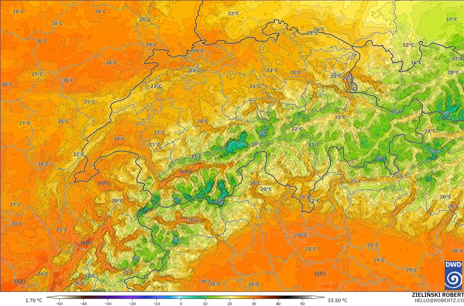 ICON Germany 2 km model - Switzerland, Temperature at 2m