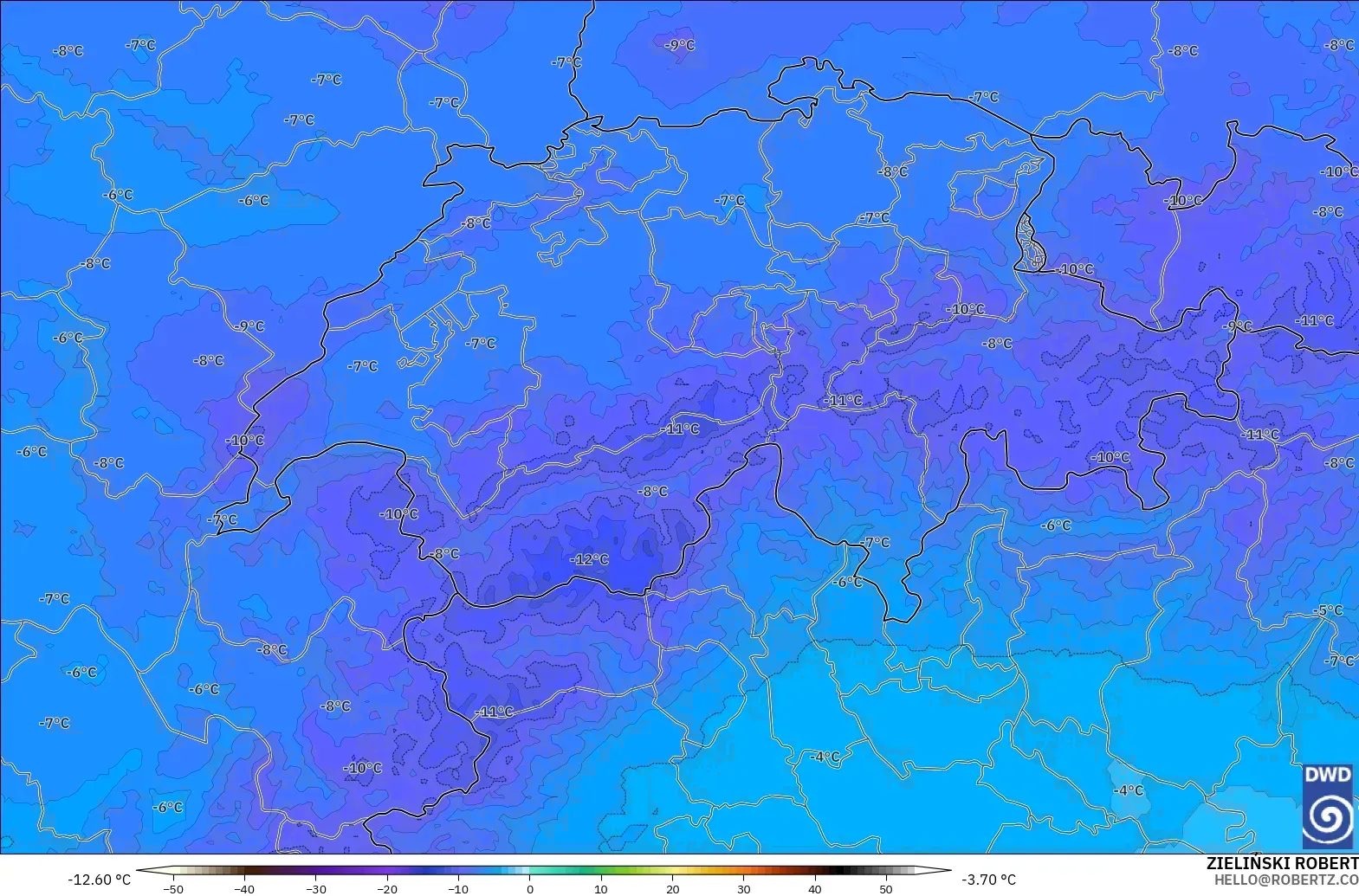 ICON Germany 2 km model - Switzerland, Temperature at 500hPa