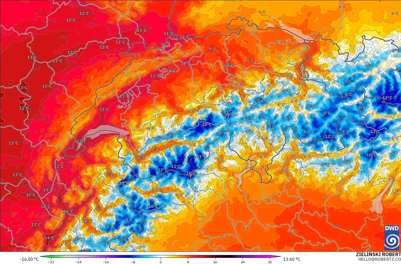 ICON Germany 2 km model - Switzerland, Temperature at 850hPa Anomaly