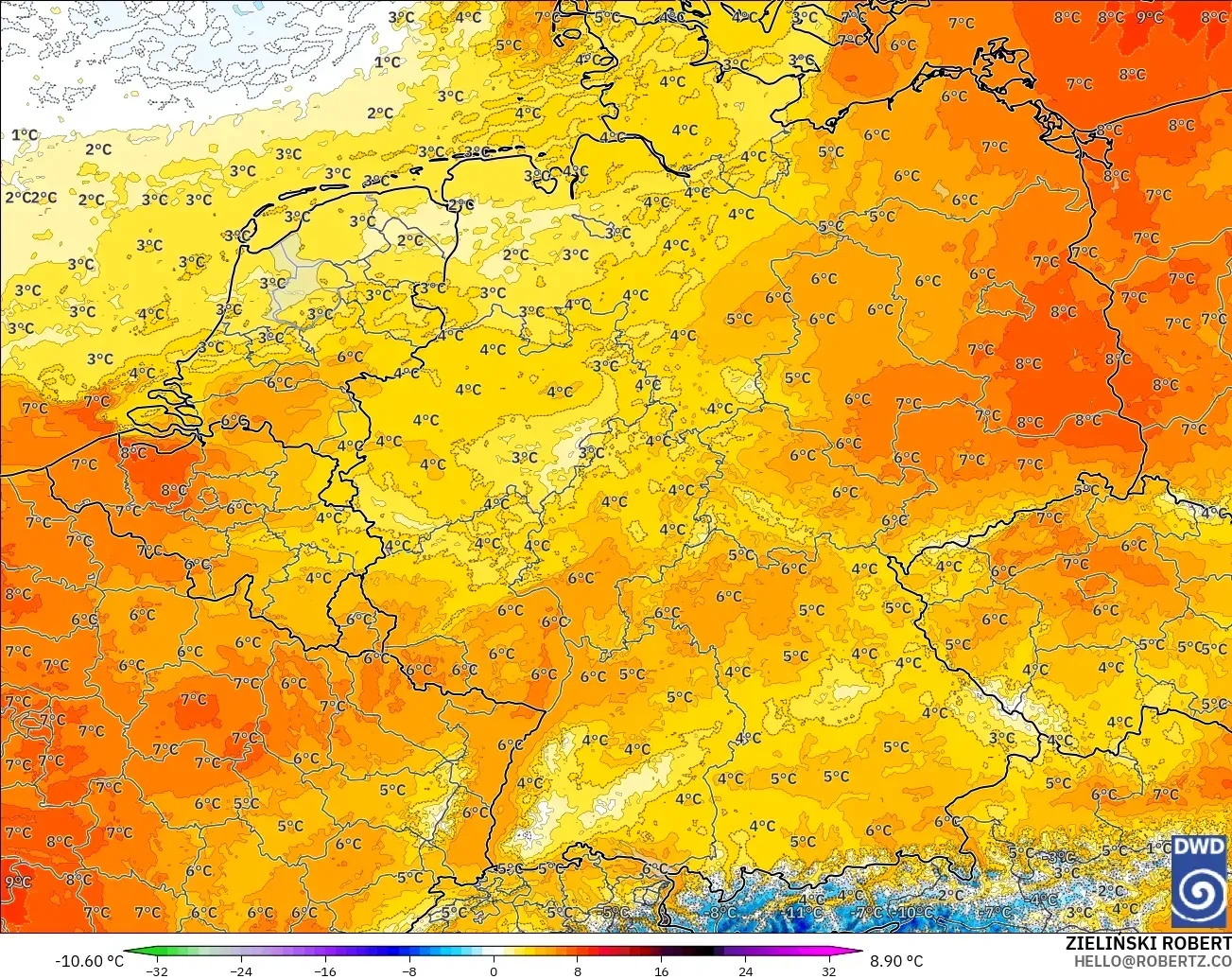 ICON Germany 2 km model - Germany, Temperature at 850hPa Anomaly