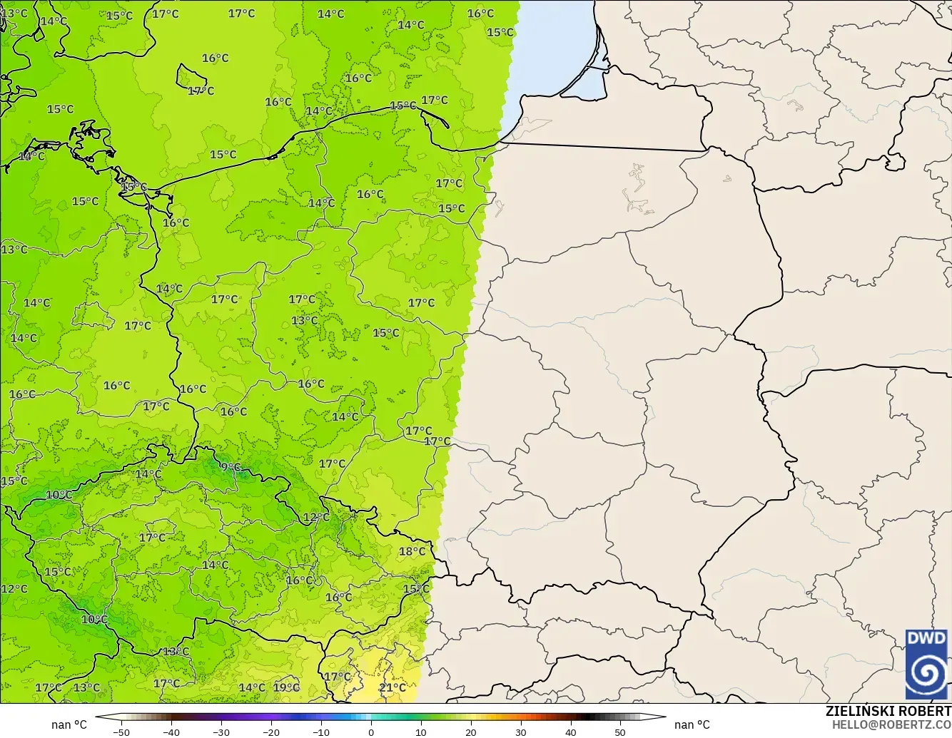ICON Germany 2 km model - Poland, Temperature at 850hPa