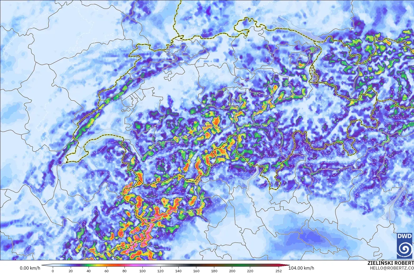 ICON Germany 2 km model - Switzerland, Wind Gusts Peak