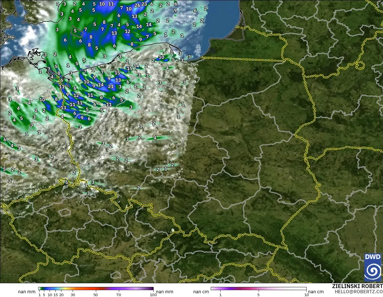 ICON Germany 2 km model - Poland, Precipitation, Clouds, and Pressure
