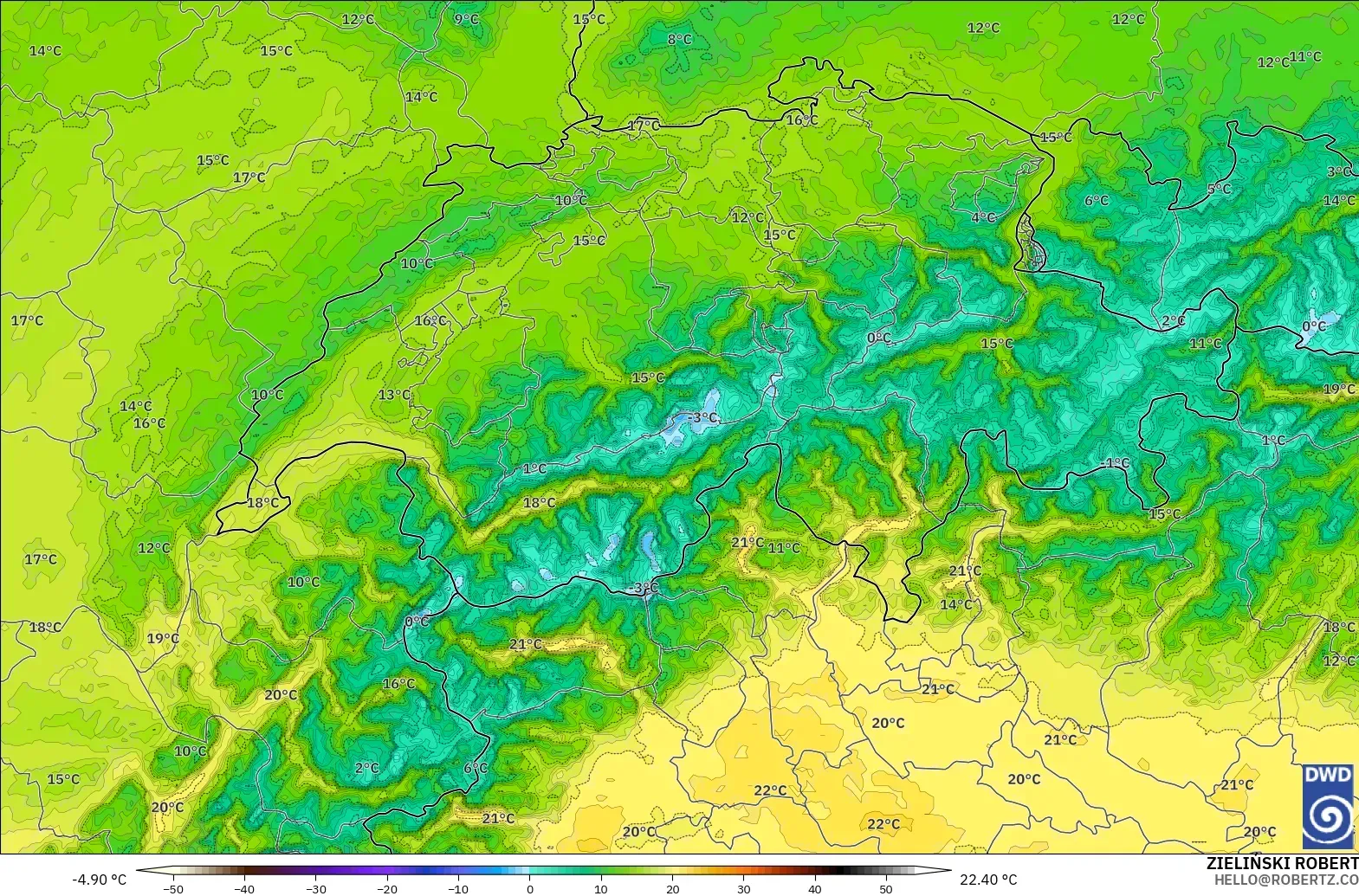 ICON Germany 2 km model - Switzerland, Temperature at 850hPa