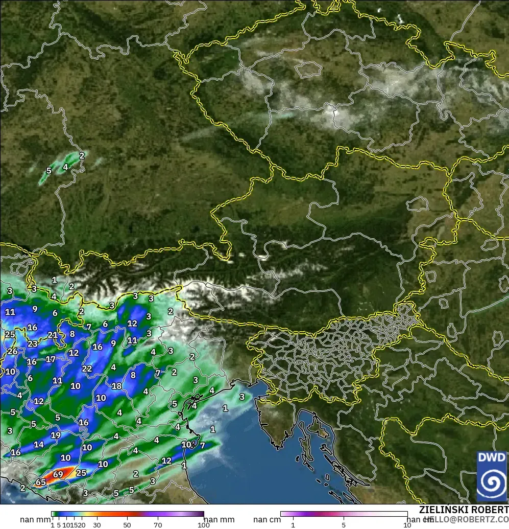 ICON Germany 2 km model - Austria, Precipitation, Clouds, and Pressure