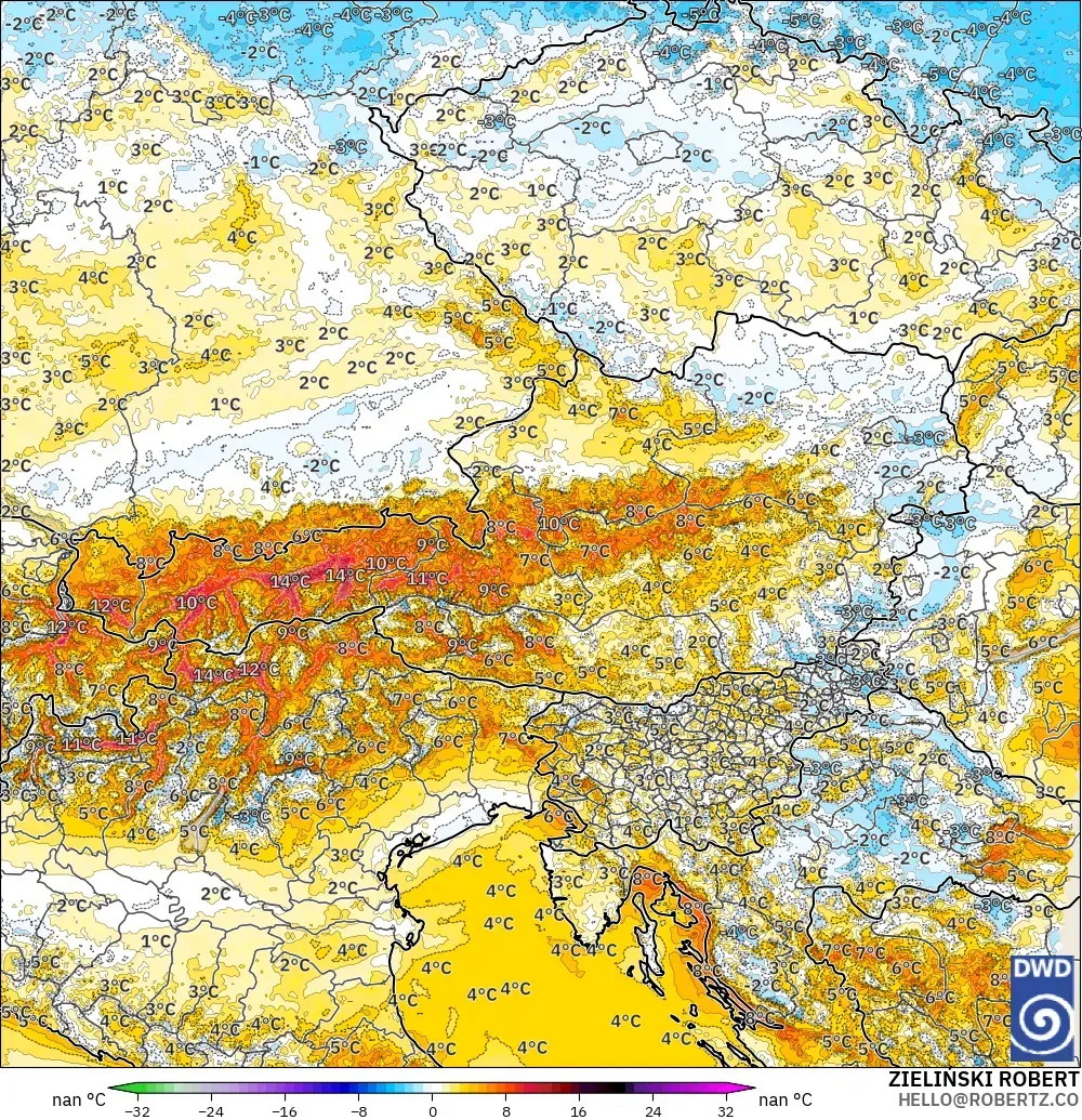 ICON Germany 2 km model - Austria, Temperature at 2m Anomaly