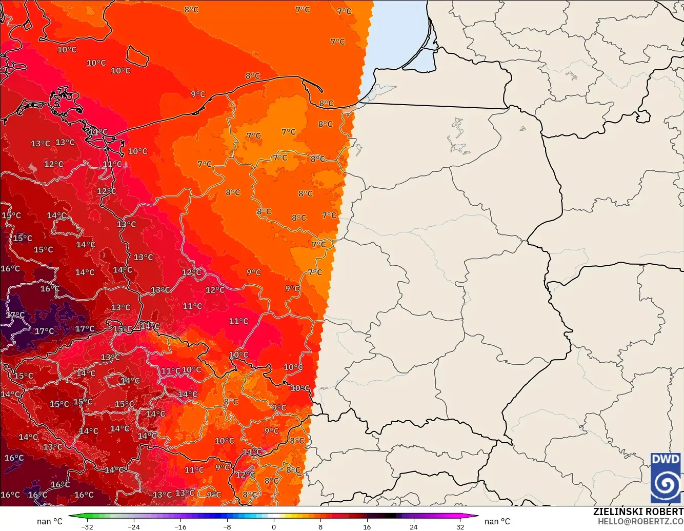 ICON Germany 2 km model - Poland, Temperature at 850hPa Anomaly