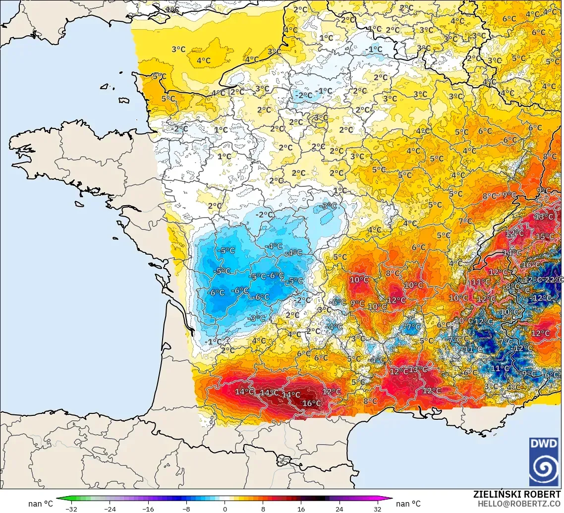 ICON Germany 2 km model - France, Temperature at 2m Anomaly