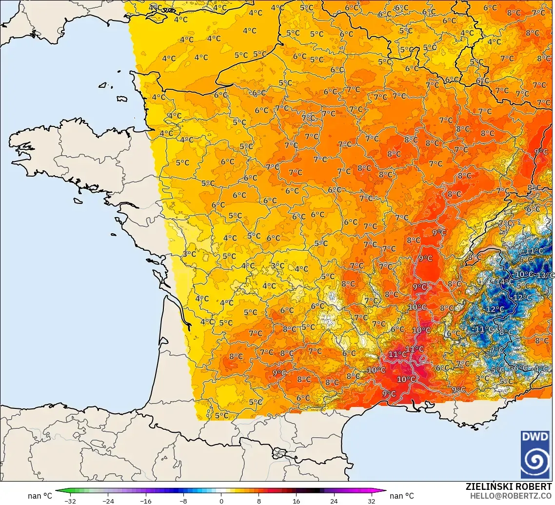 ICON Germany 2 km model - France, Temperature at 850hPa Anomaly