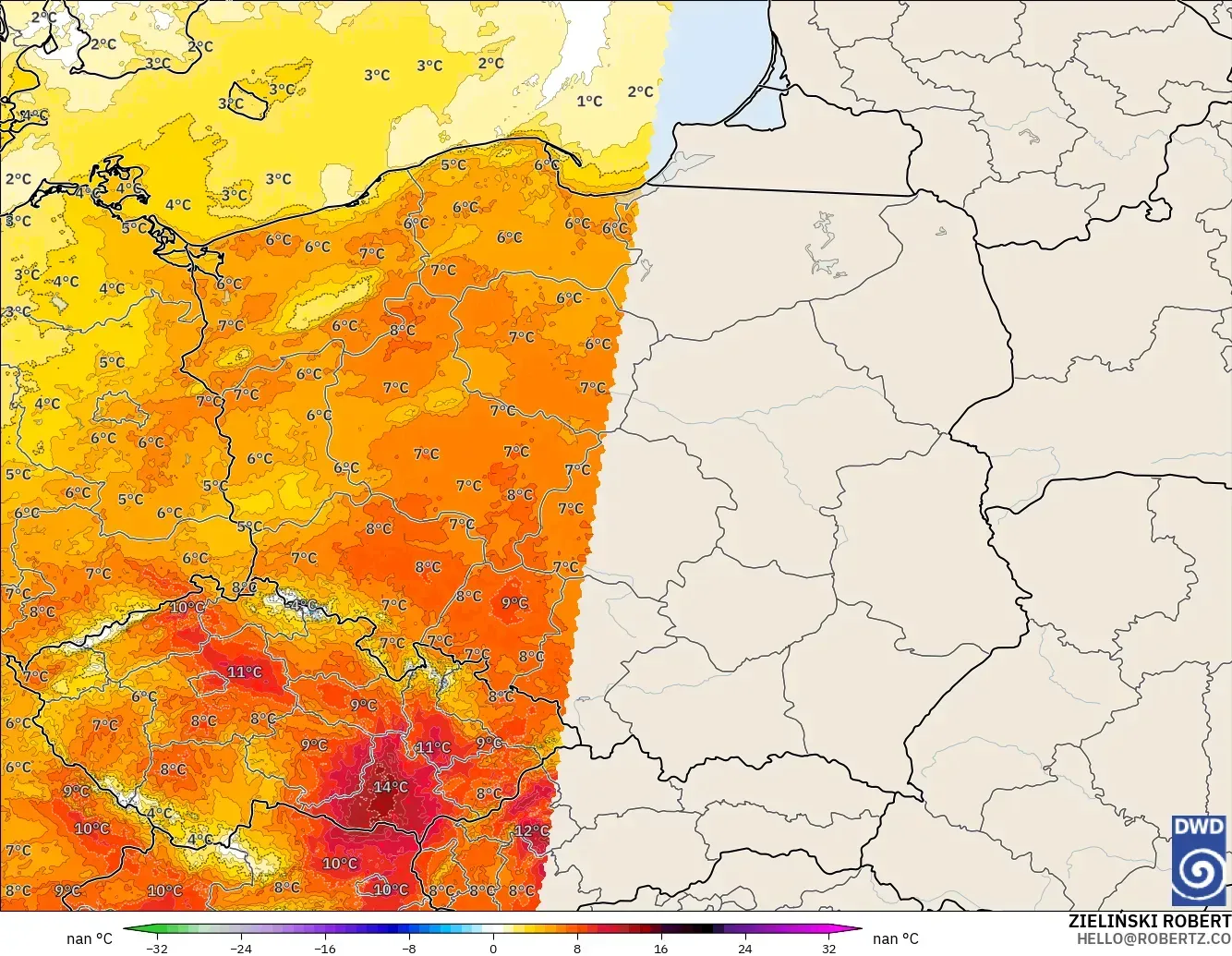 ICON Germany 2 km model - Poland, Temperature at 2m Anomaly