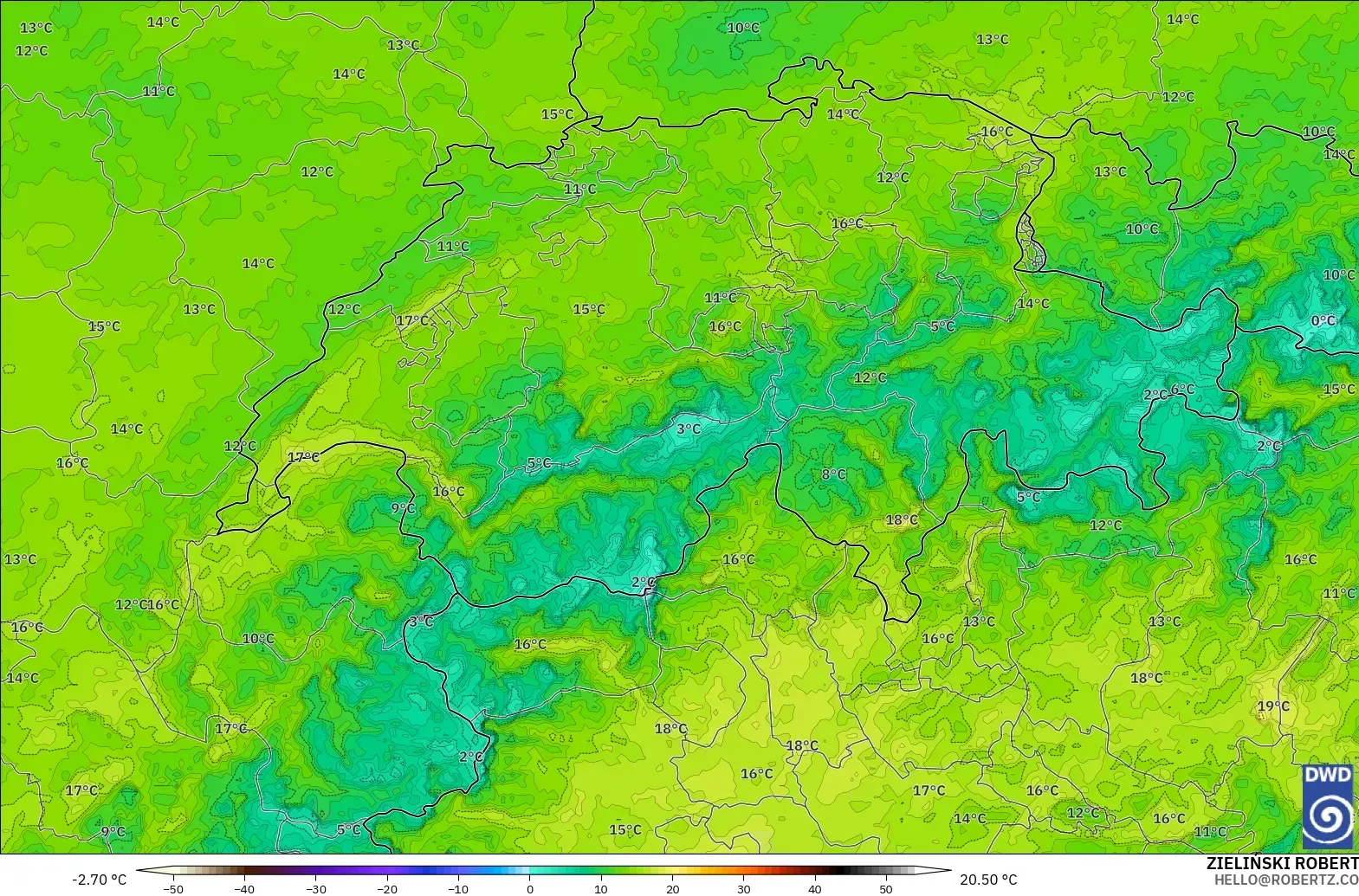 ICON Germany 2 km model - Switzerland, Dewpoint at 2m