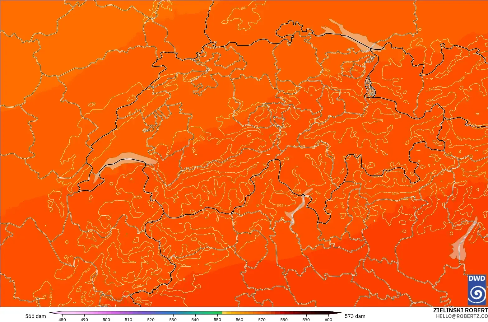ICON Germany 2 km model - Switzerland, Geopotential height at 500hPa