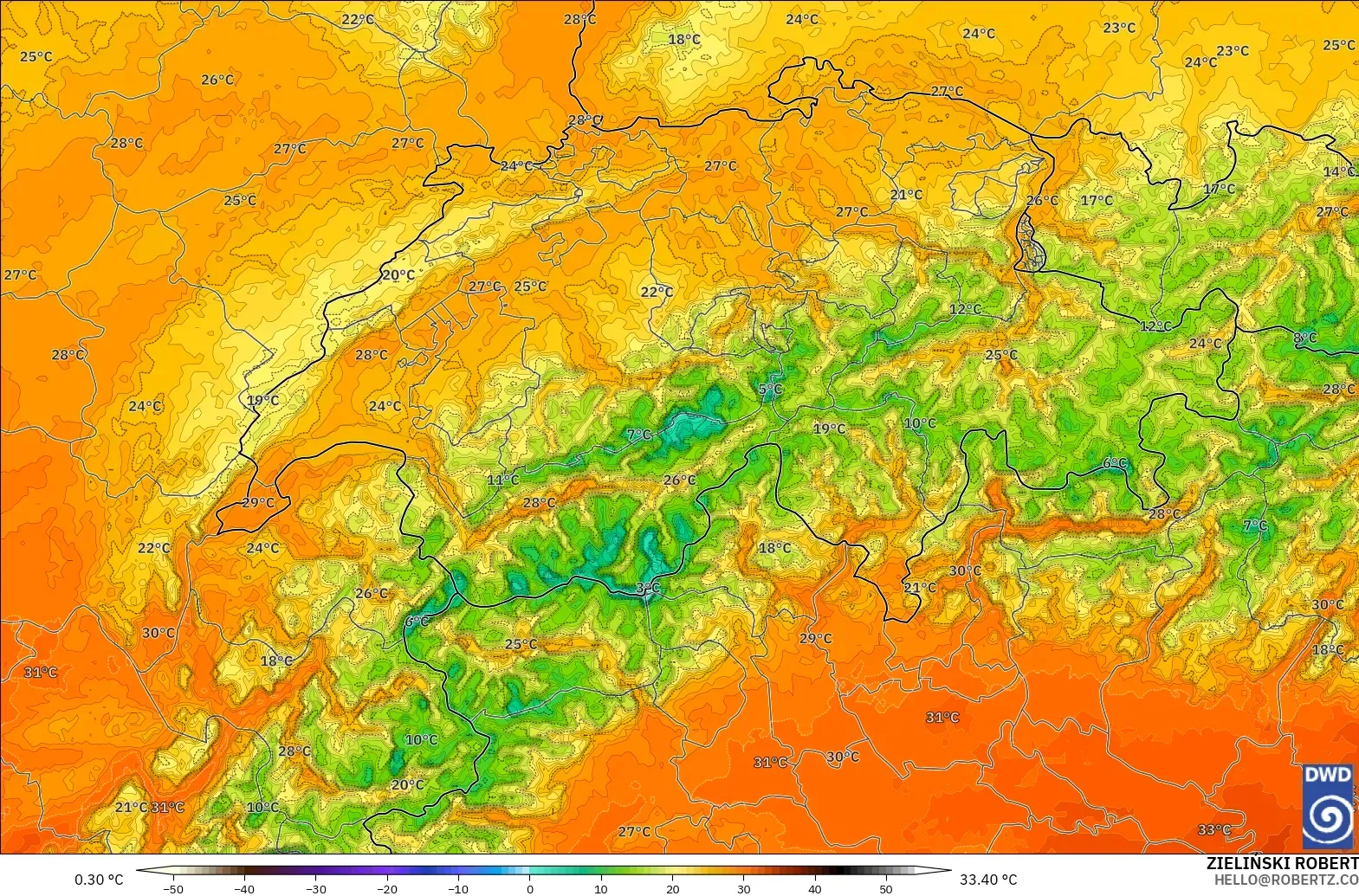 ICON Germany 2 km model - Switzerland, Temperature at 2m