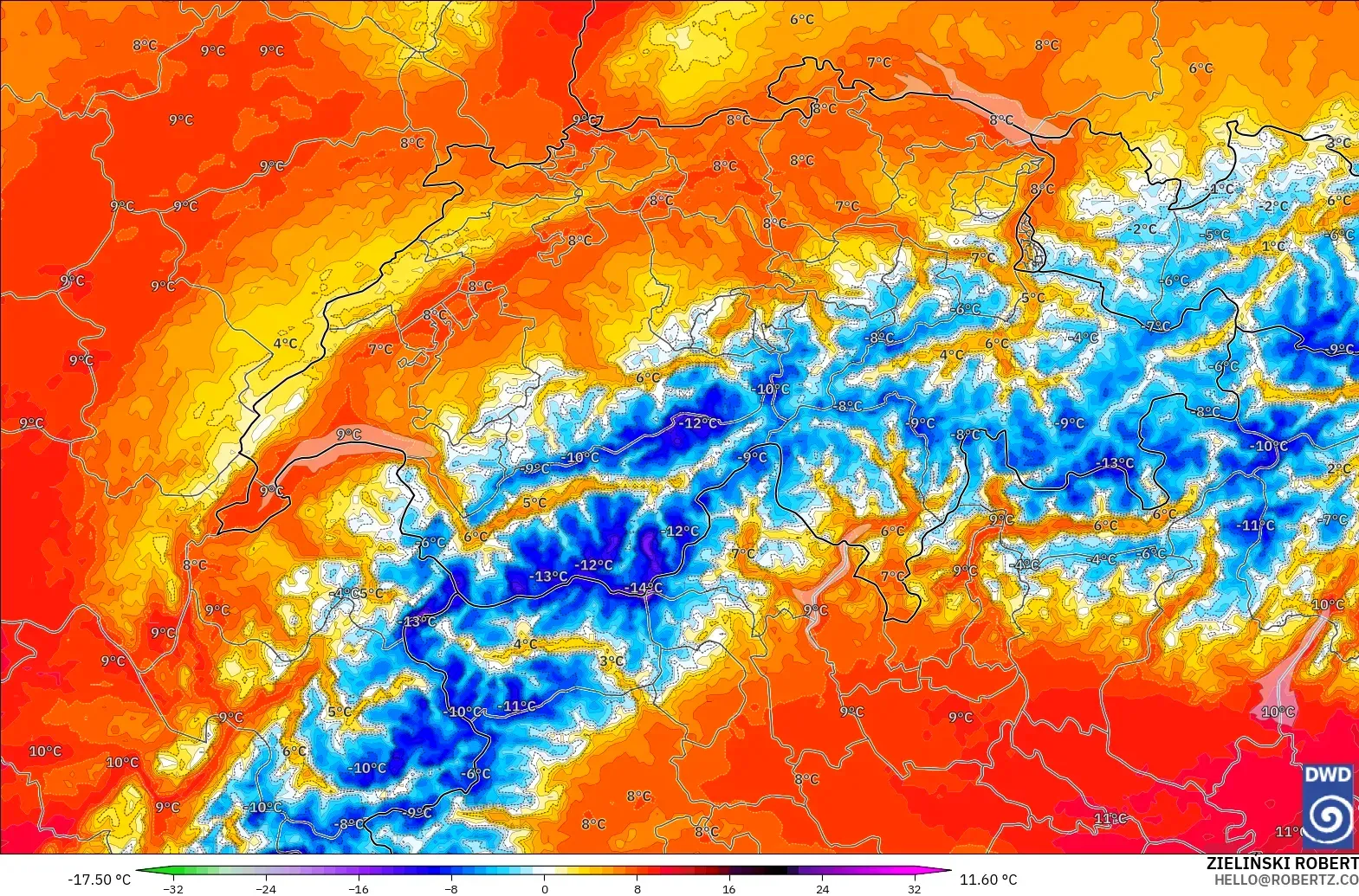 ICON Germany 2 km model - Switzerland, Temperature at 850hPa Anomaly