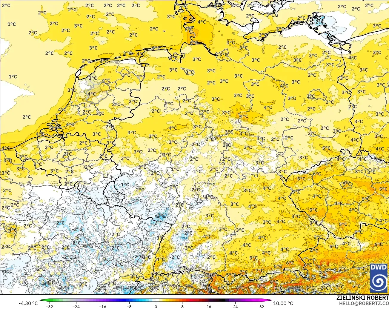 ICON Germany 2 km model - Germany, Temperature at 2m Anomaly