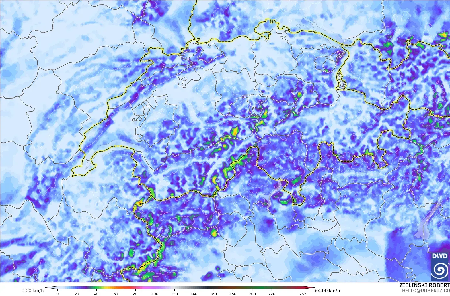 ICON Germany 2 km model - Switzerland, Wind Gusts Peak