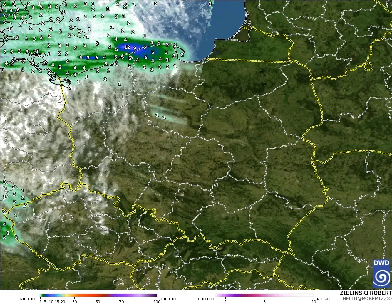 ICON Germany 2 km model - Poland, Precipitation, Clouds, and Pressure