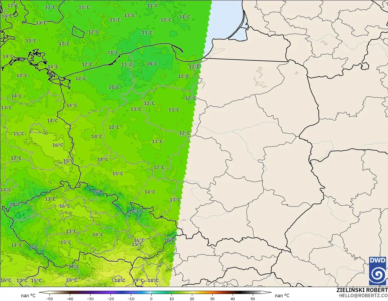 ICON Germany 2 km model - Poland, Temperature at 850hPa
