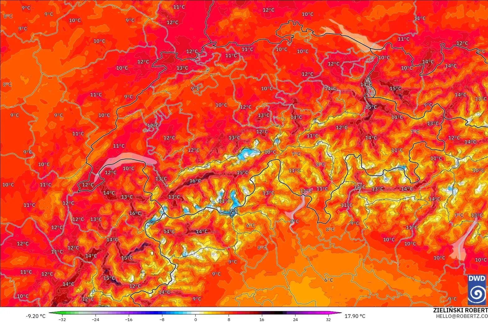 ICON Germany 2 km model - Switzerland, Temperature at 2m Anomaly