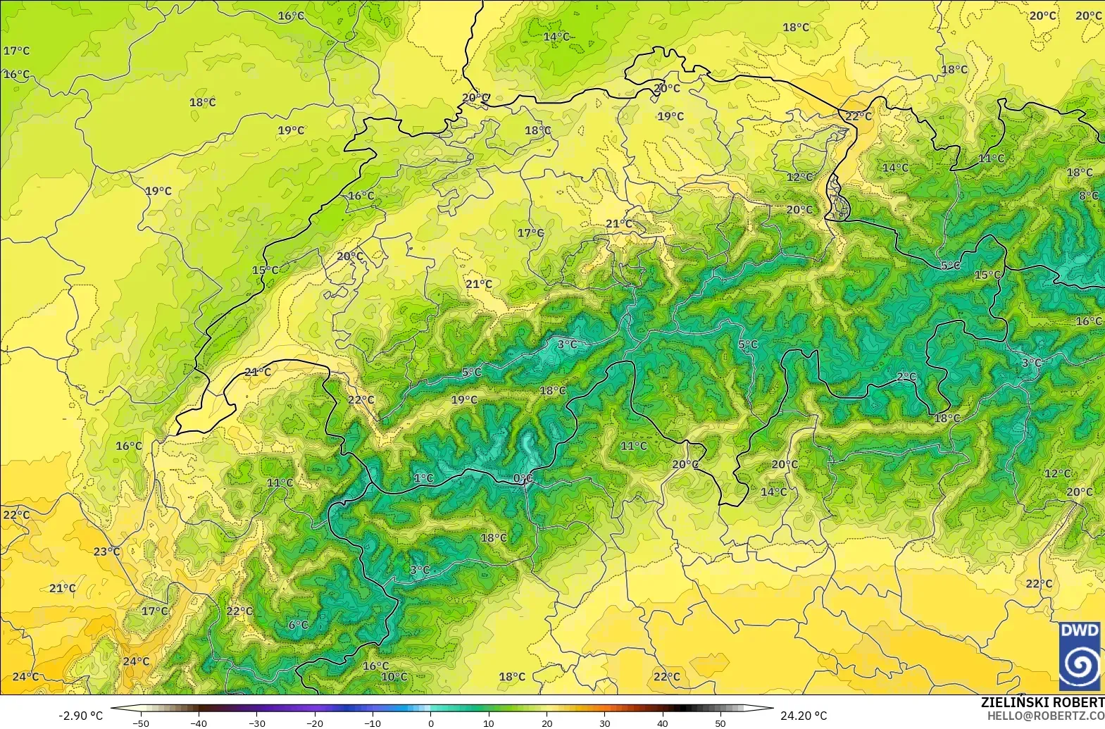 ICON Germany 2 km model - Switzerland, Temperature at 850hPa