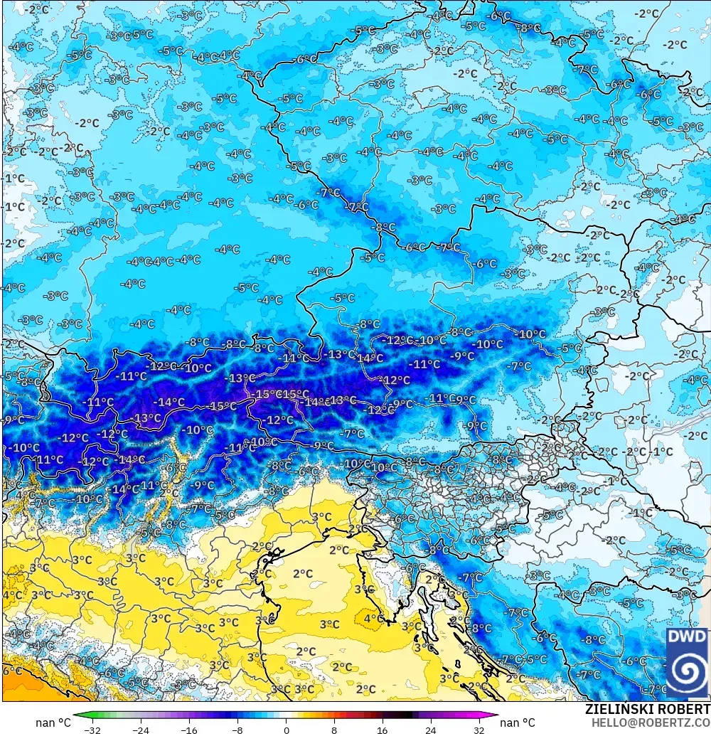 ICON Germany 2 km model - Austria, Temperature at 850hPa Anomaly