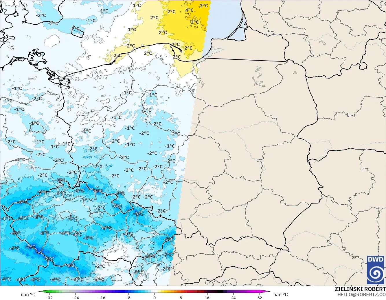 ICON Germany 2 km model - Poland, Temperature at 850hPa Anomaly