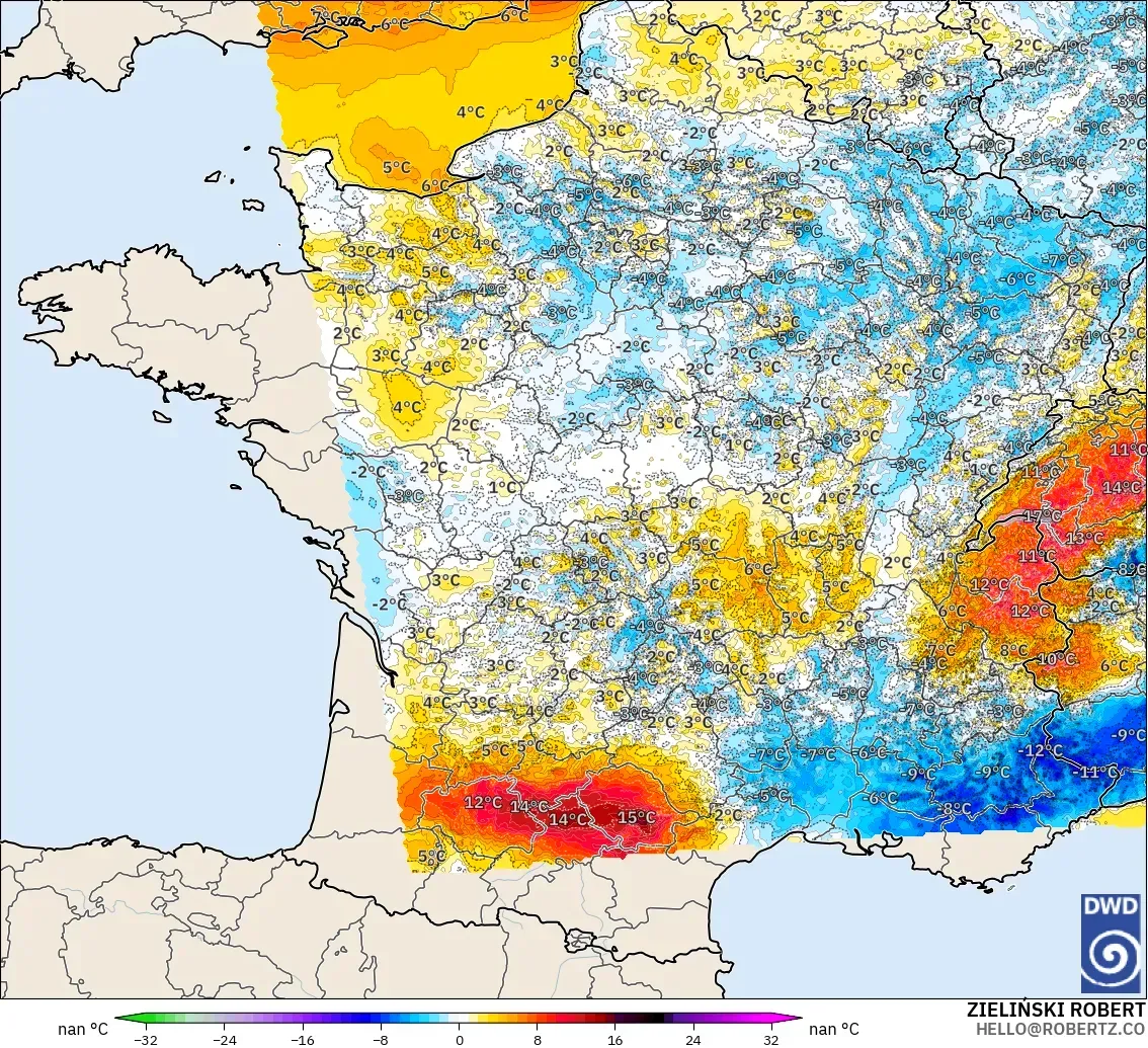 ICON Germany 2 km model - France, Temperature at 2m Anomaly