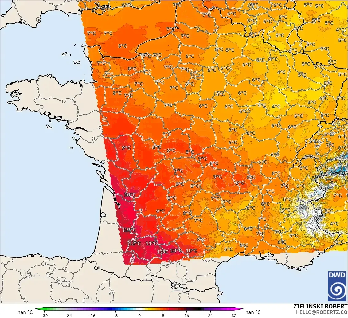 ICON Germany 2 km model - France, Temperature at 850hPa Anomaly