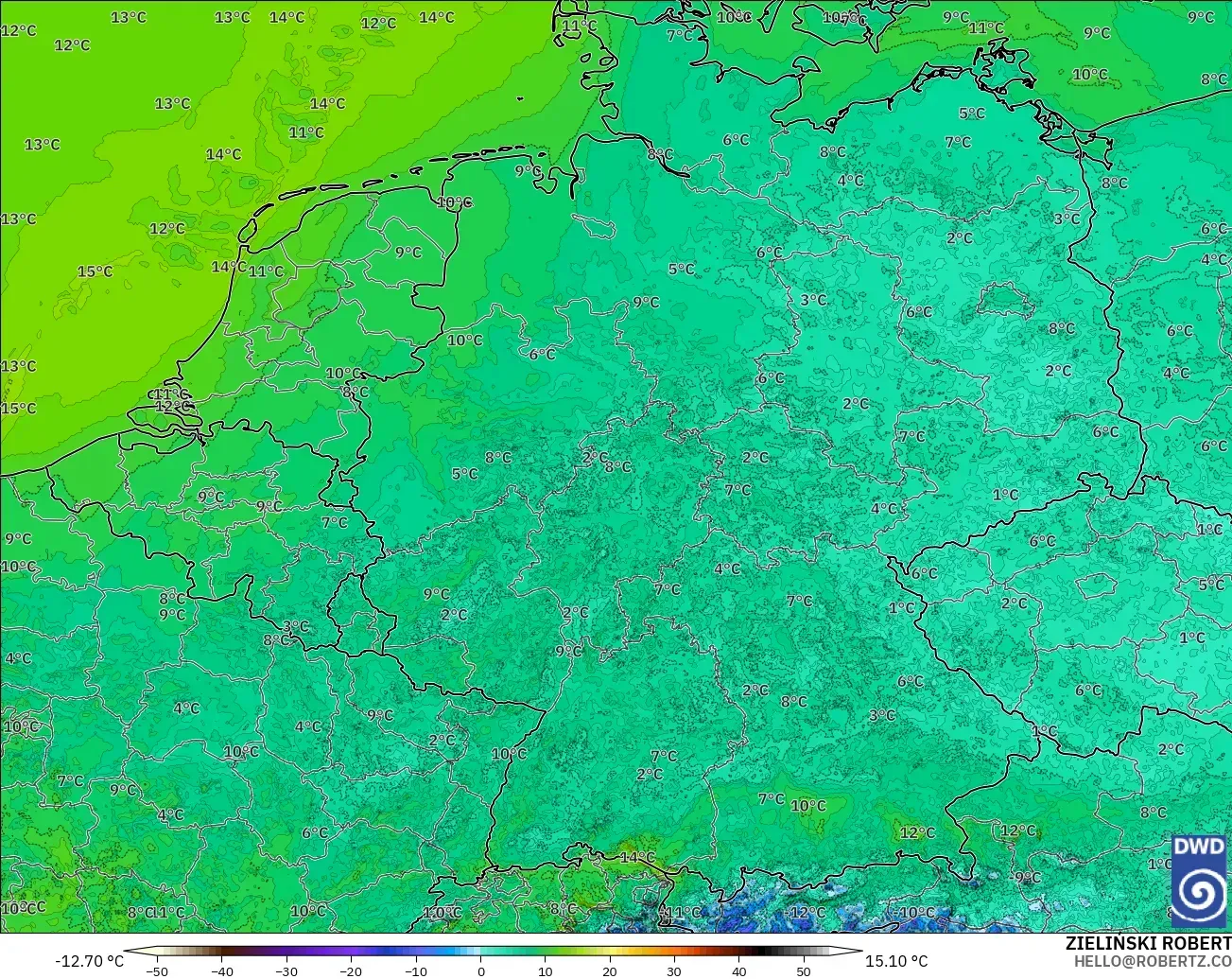 ICON Germany 2 km model - Germany, Dewpoint at 2m