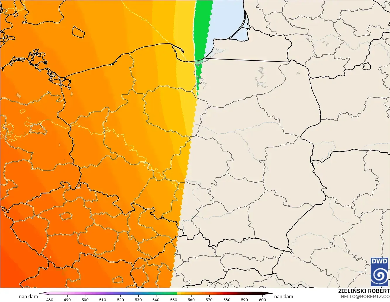 ICON Germany 2 km model - Poland, Geopotential height at 500hPa