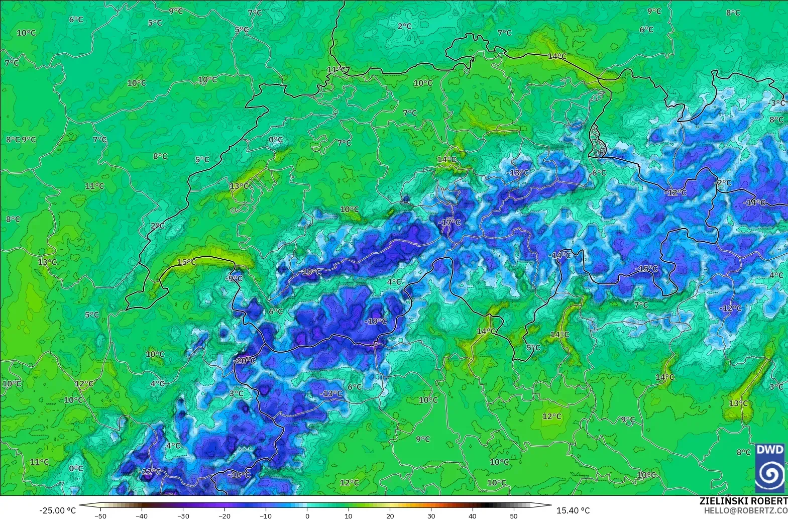 ICON Germany 2 km model - Switzerland, Dewpoint at 2m