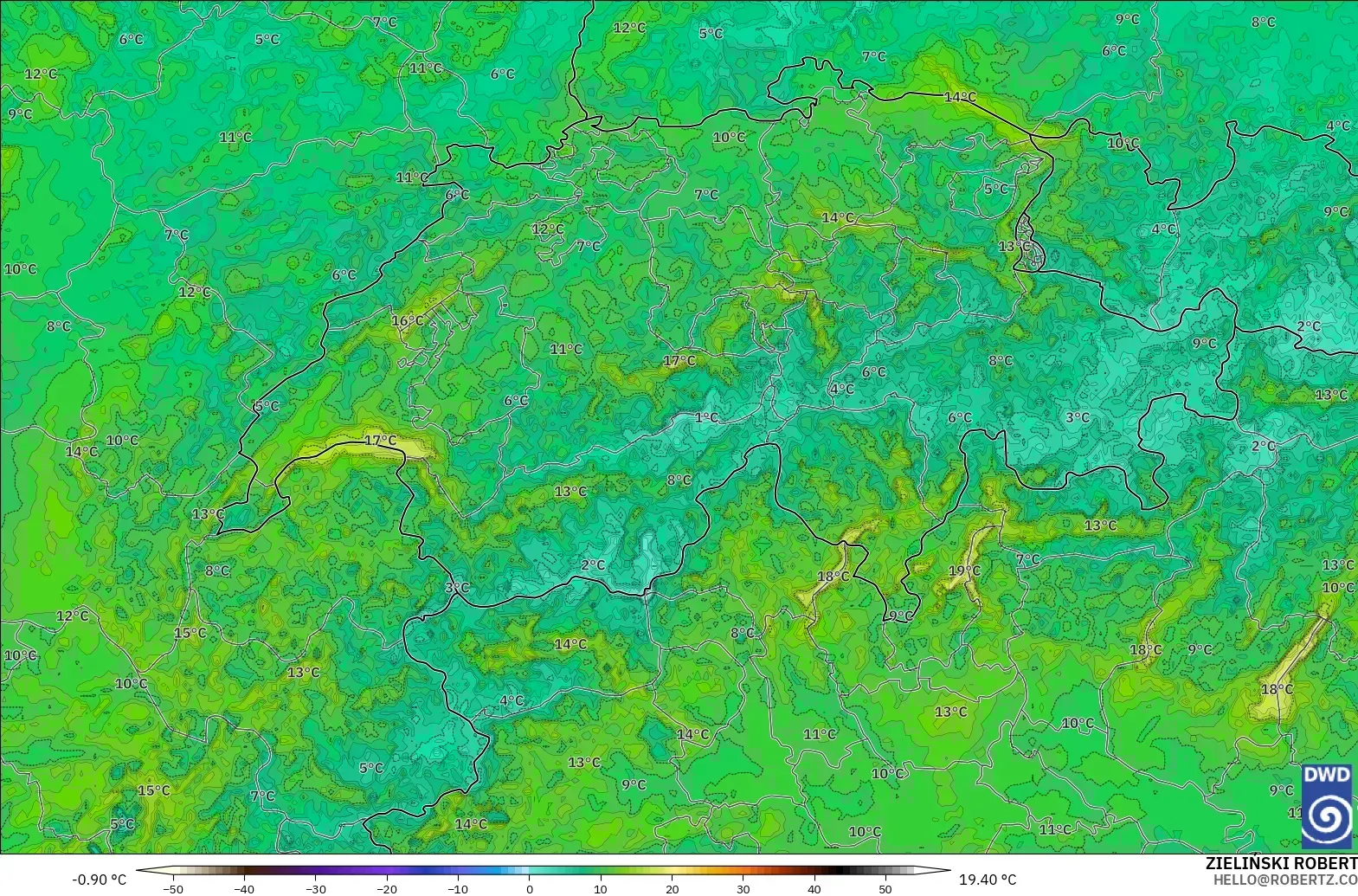 ICON Germany 2 km model - Switzerland, Temperature at 2m