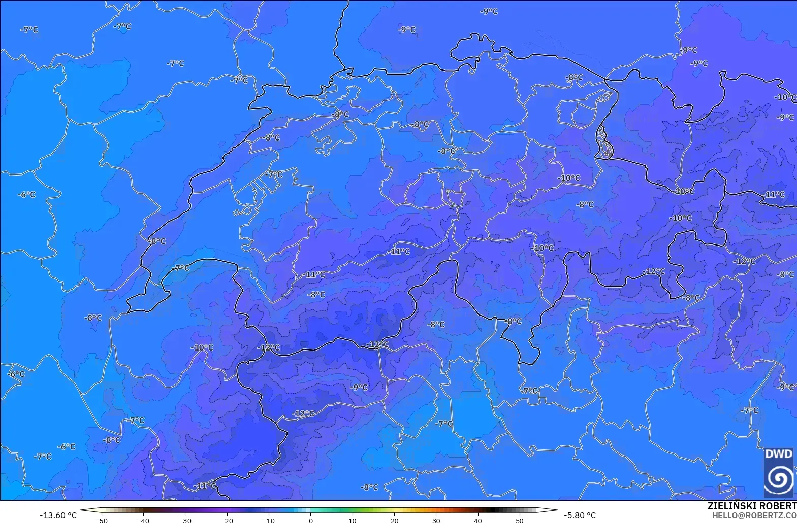 ICON Germany 2 km model - Switzerland, Temperature at 500hPa