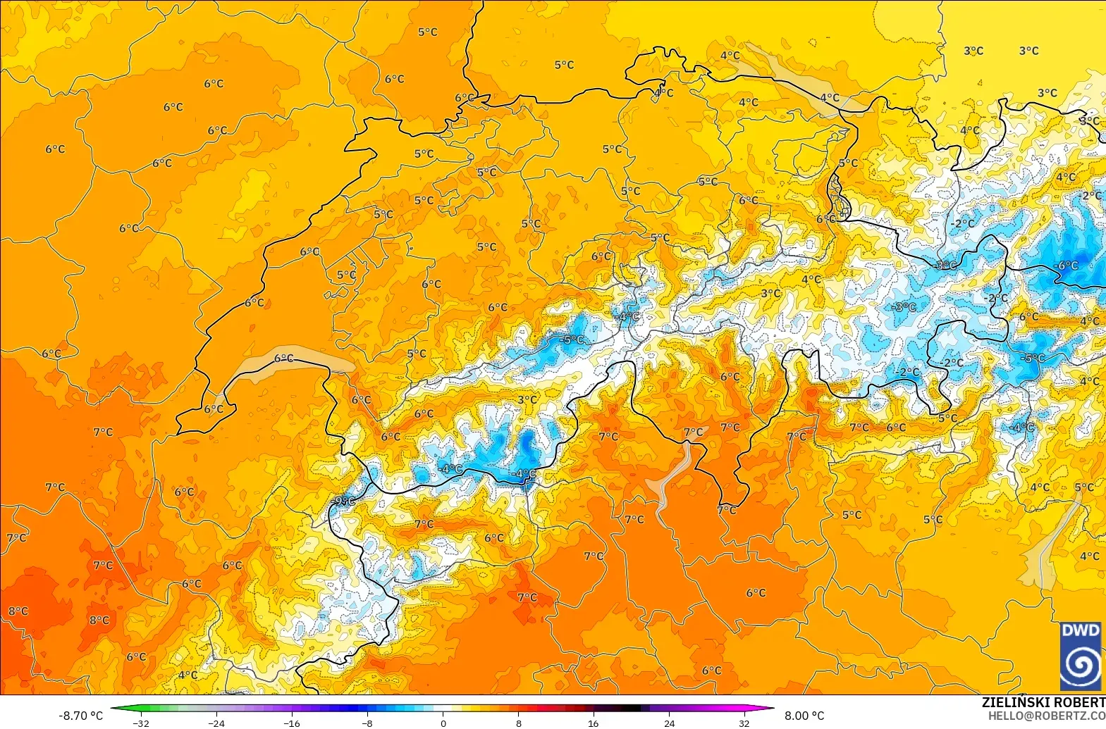 ICON Germany 2 km model - Switzerland, Temperature at 850hPa Anomaly