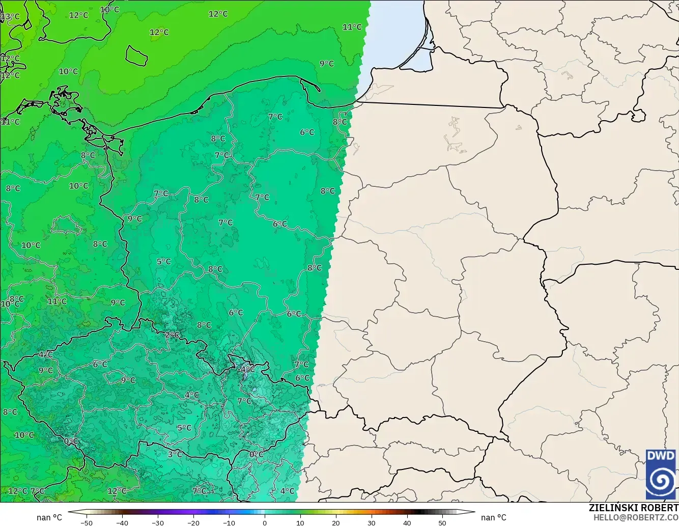 ICON Germany 2 km model - Poland, Dewpoint at 2m