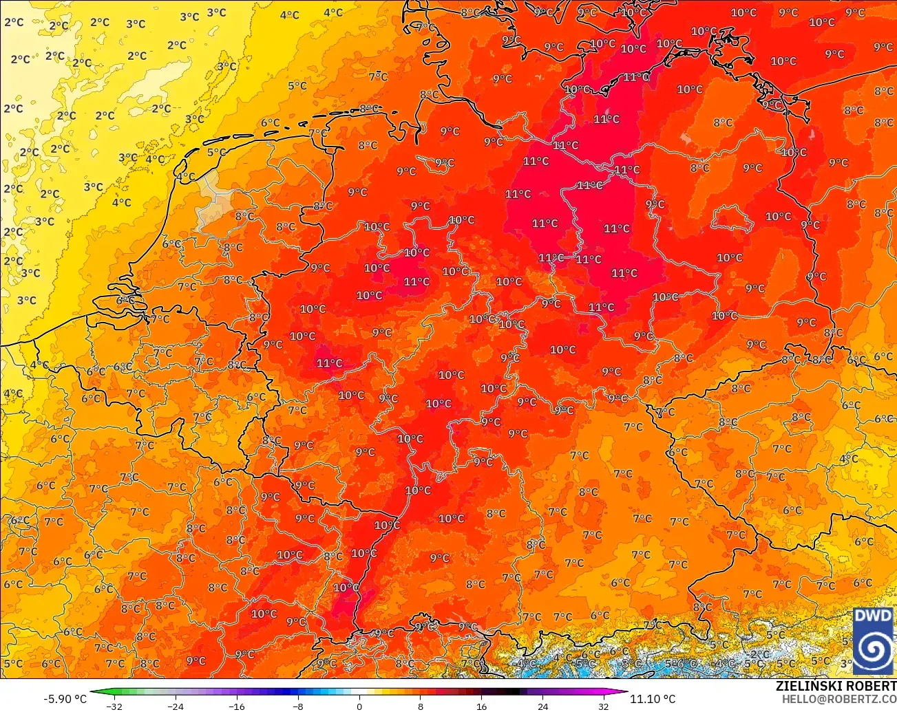 ICON Germany 2 km model - Germany, Temperature at 850hPa Anomaly