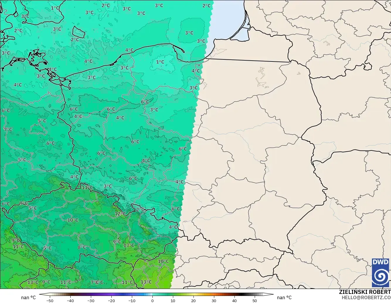 ICON Germany 2 km model - Poland, Temperature at 850hPa