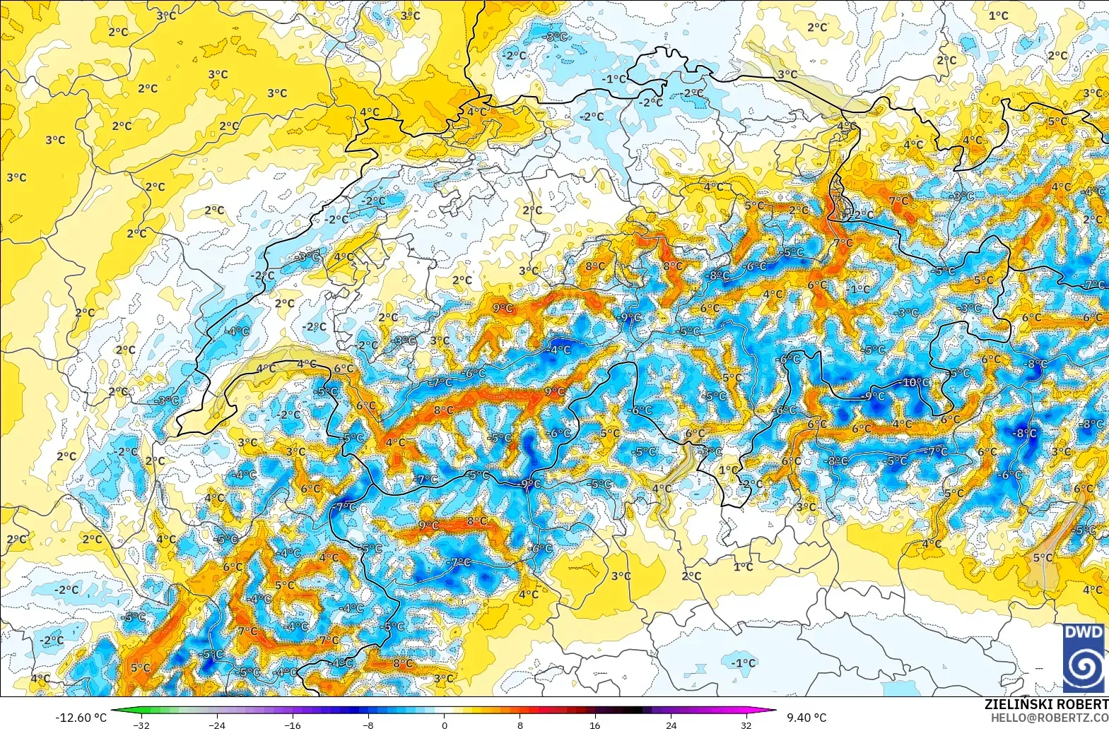 ICON Germany 2 km model - Switzerland, Temperature at 2m Anomaly