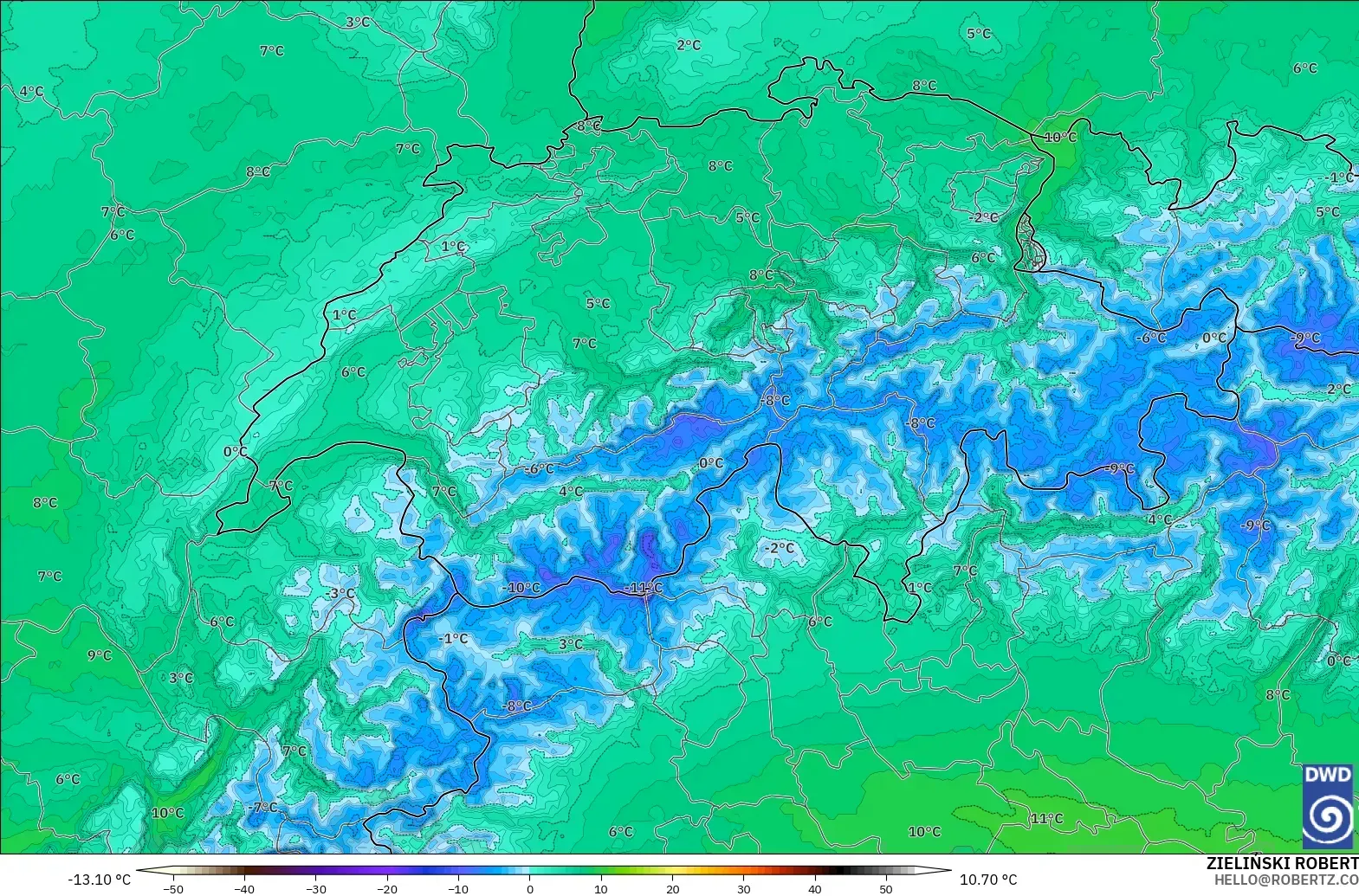 ICON Germany 2 km model - Switzerland, Temperature at 850hPa