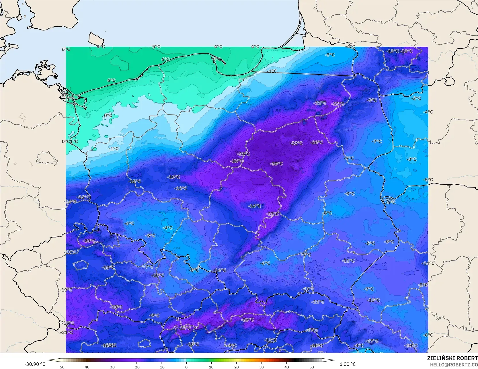 ICON Poland 2 km model - Poland, Dewpoint at 2m