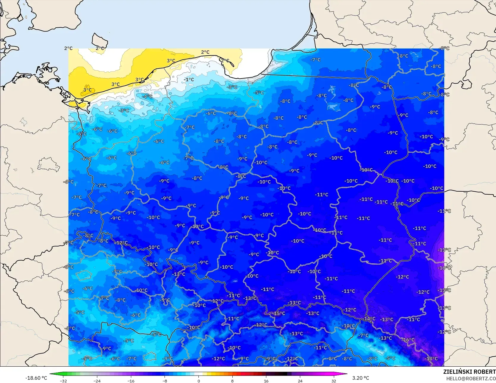 ICON Poland 2 km model - Poland, Temperature at 2m Anomaly