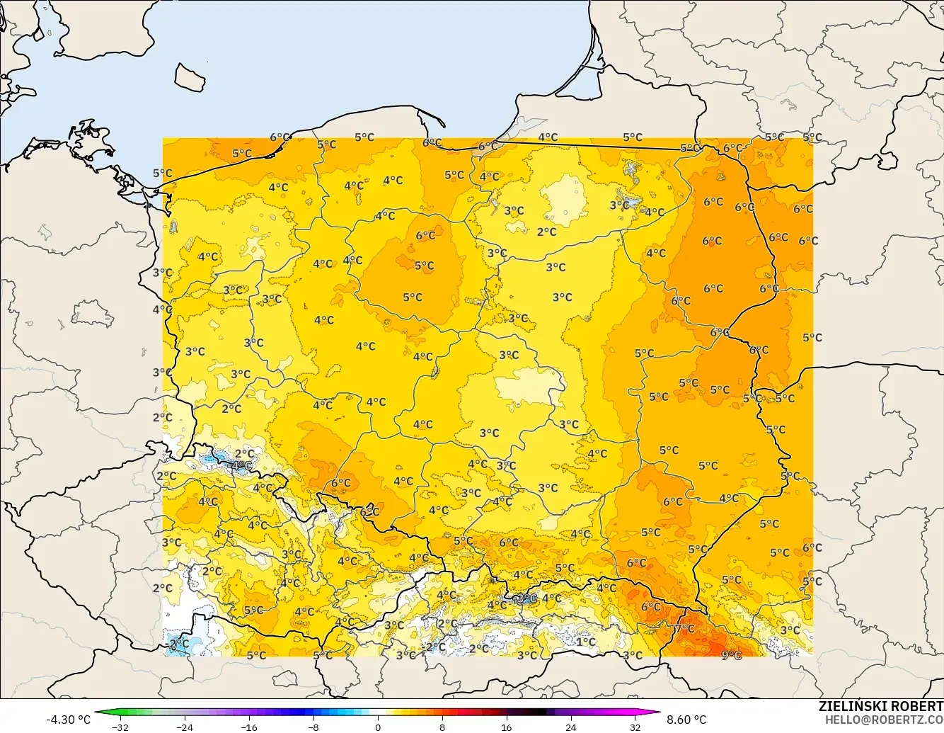 ICON Polandia 2 km model - Polandia, Anomali Suhu 2 m